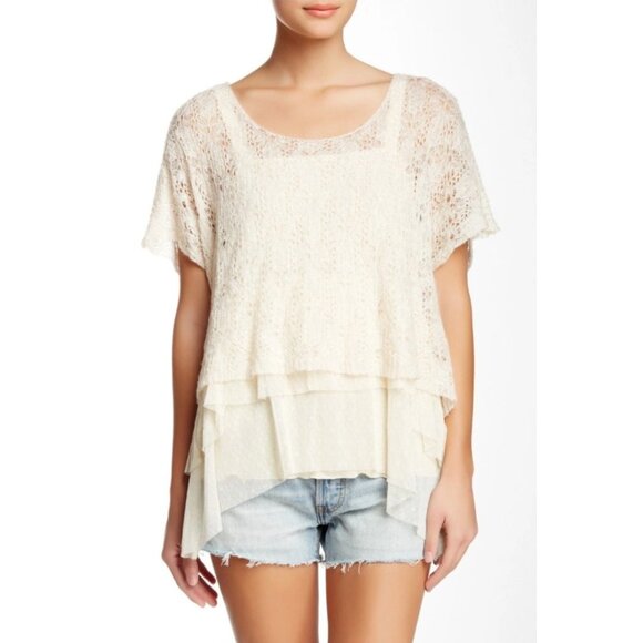 Free People Tops - Free People Ivory Lace Layered Boho Top Women’s Size M Sheer Crochet Tunic Roman
